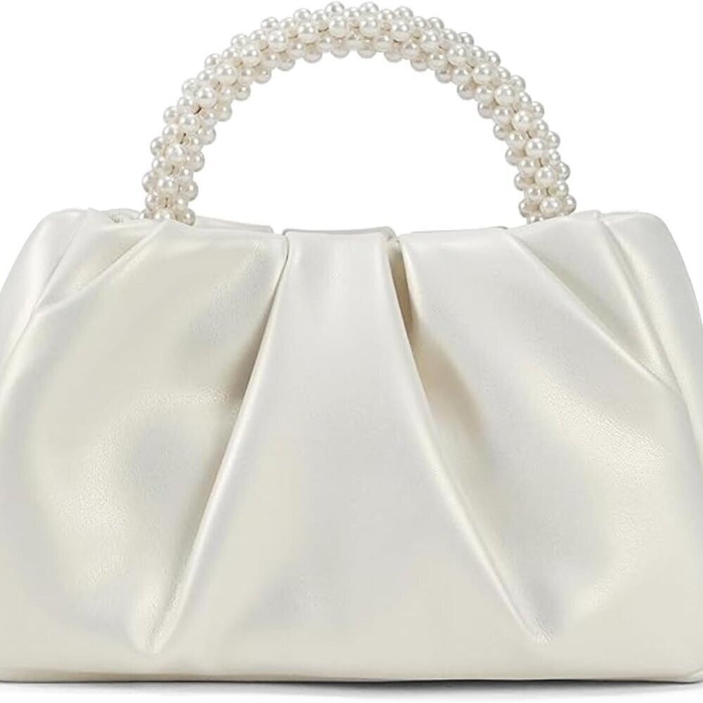 White Pearl Purse Women Soft Leather Evening Clutch Wedding Prom Crossbody